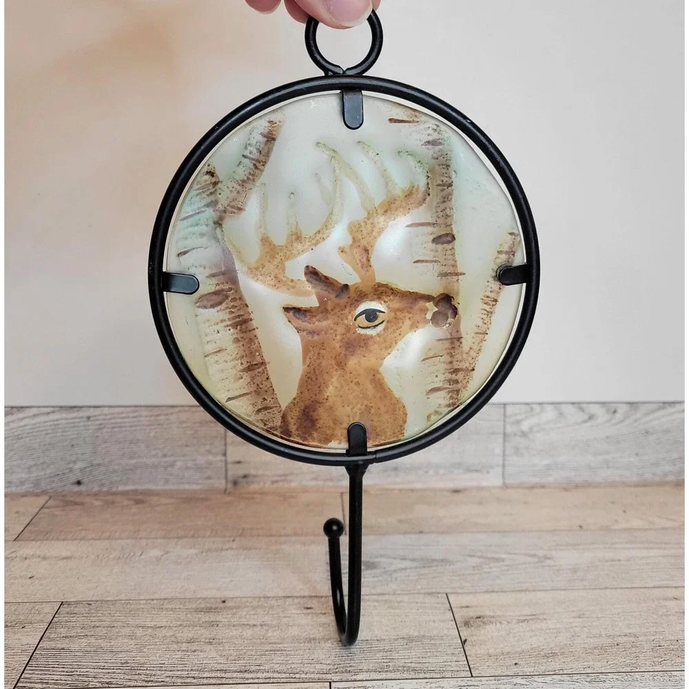 Decorative Stained Textured Glass Deer Trees Suncatcher Coat Hook Hanger Metal